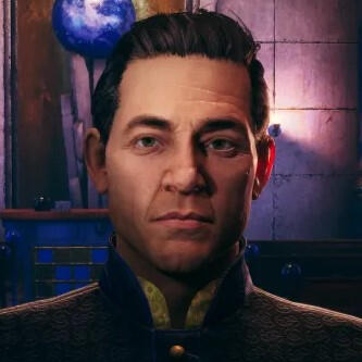 an image of max desoto from the outer worlds. he is a white man with short, dark brown hair swept up and back from his face. he looks at the camera with a neutral expression.