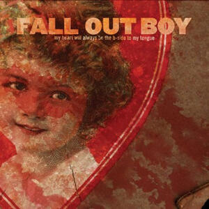 the album cover of my heart will always be the b-side to my tongue by fall out boy. it is of a pale, cherubic girl in a red heart with a red stripe over her eyes. amused, she looks up and to the side.